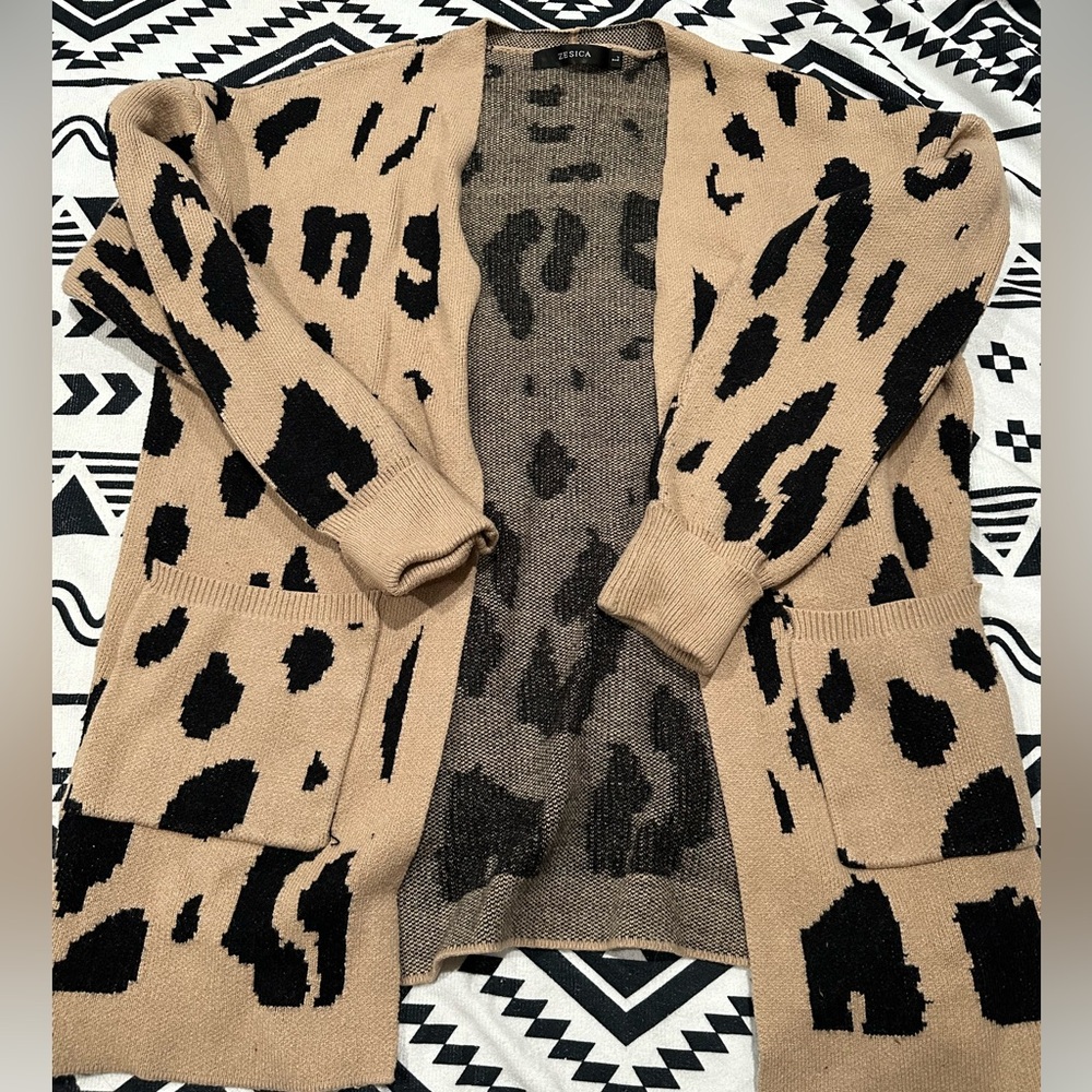 Cream and Black Animal Print Cardigan Sweater